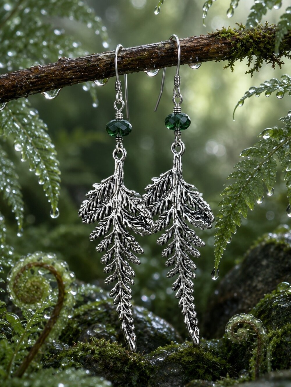 Silver Ferns Moss Agate Earrings Woodland Botanical Jewelry Hand Crafted